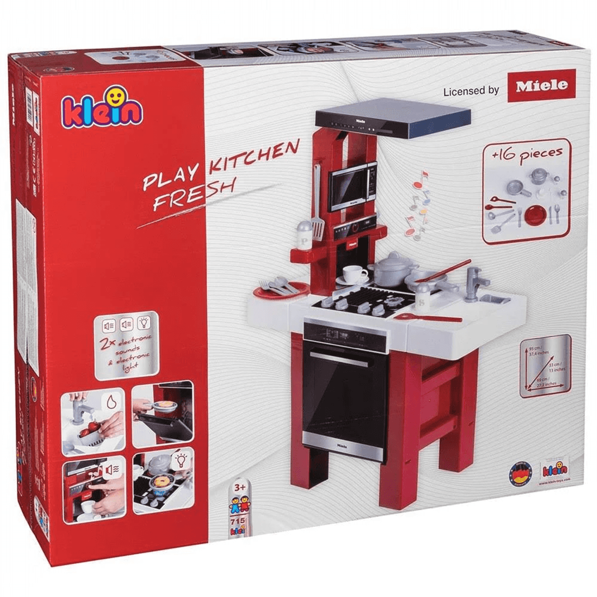 Empaque de cocina de juguete Miele con accesorios, diseño rojo y blanco e ilustraciones de funciones.
