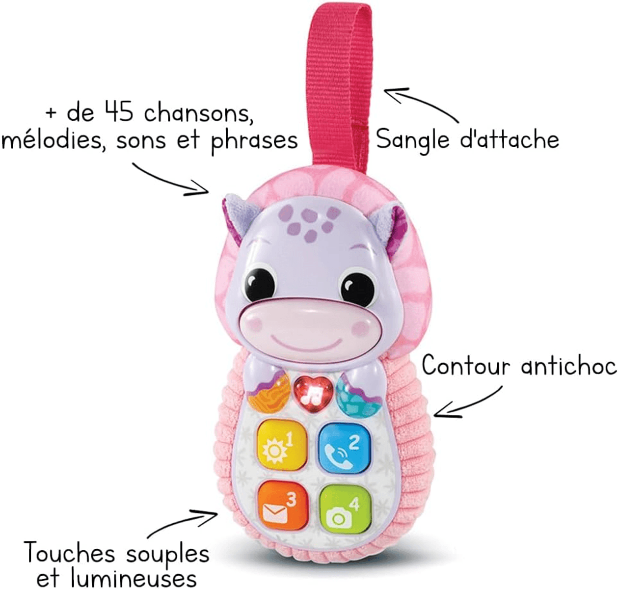 Teléfono de juguete rosa para bebés con cara de caballo morada, cuatro botones de colores y etiquetas en francés.