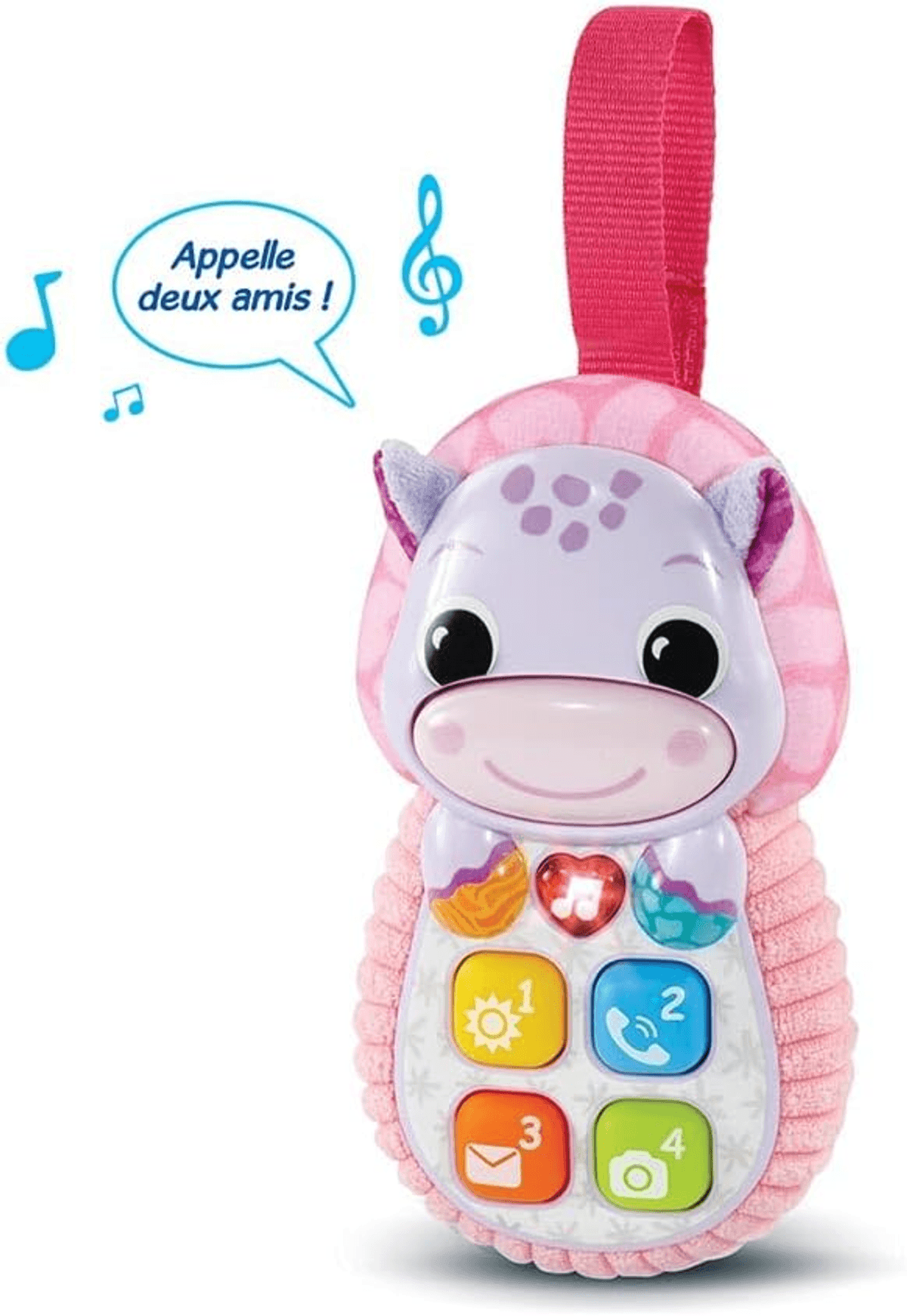 Un teléfono de juguete para bebés de color rosa y morado con cara de animal, cuatro botones y notas musicales.