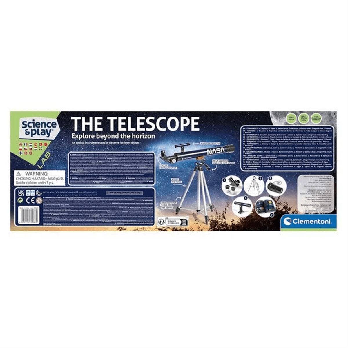 Embalaje de un telescopio NASA Science & Play con trípode, accesorios y descripciones.