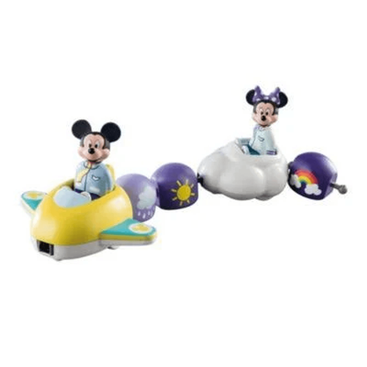 Mickey Mouse en un avión amarillo y Minnie Mouse en una nube, conectados por bloques coloridos.