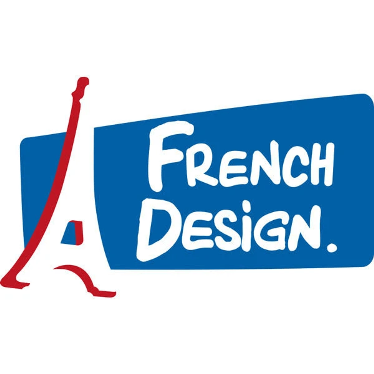 Logo con un símbolo rojo de la Torre Eiffel y texto blanco French Design sobre fondo azul.