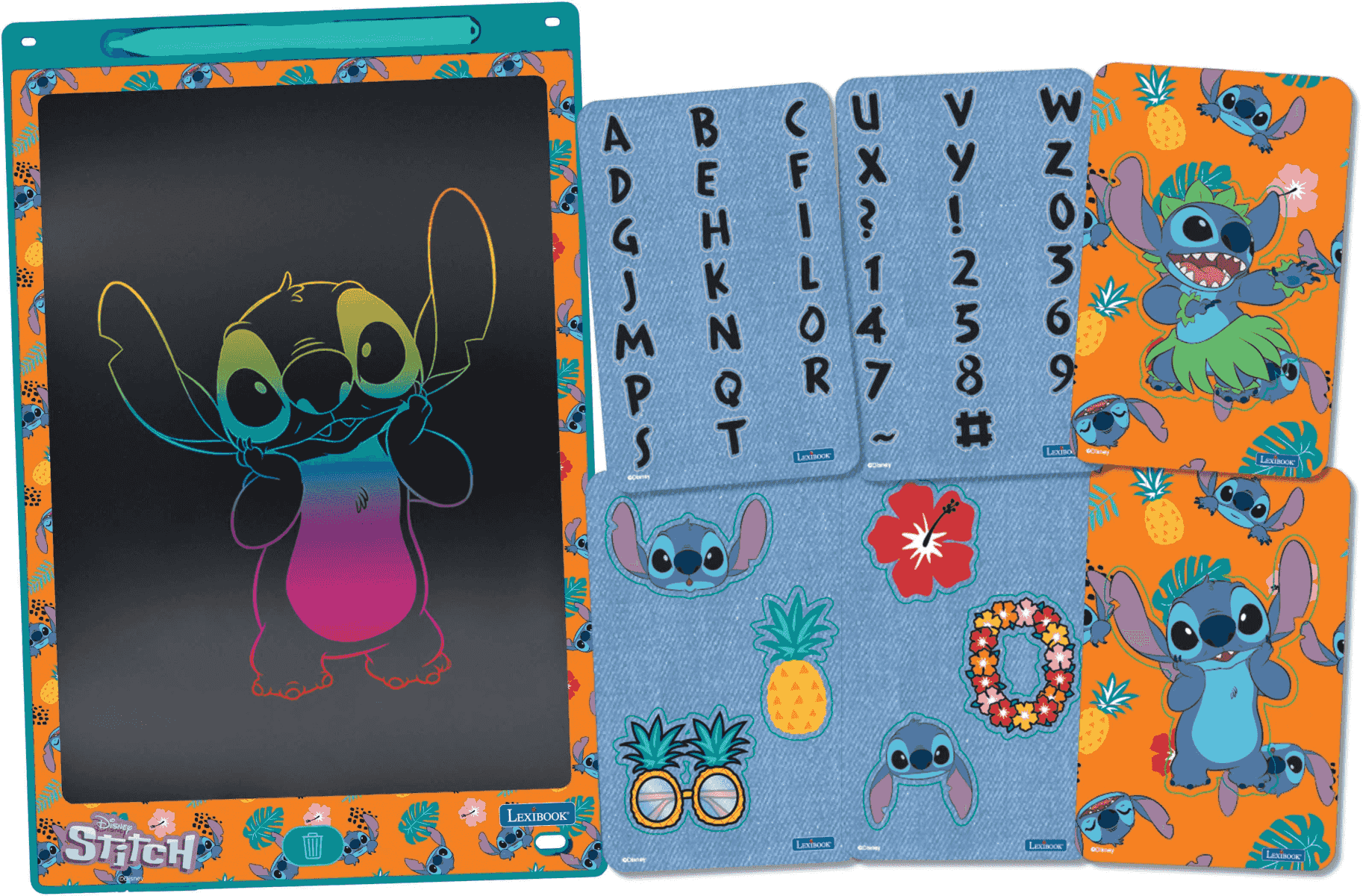 Tableta de escritura LCD Stitch con tarjetas coloridas y pegatinas sobre fondos naranja y azul.