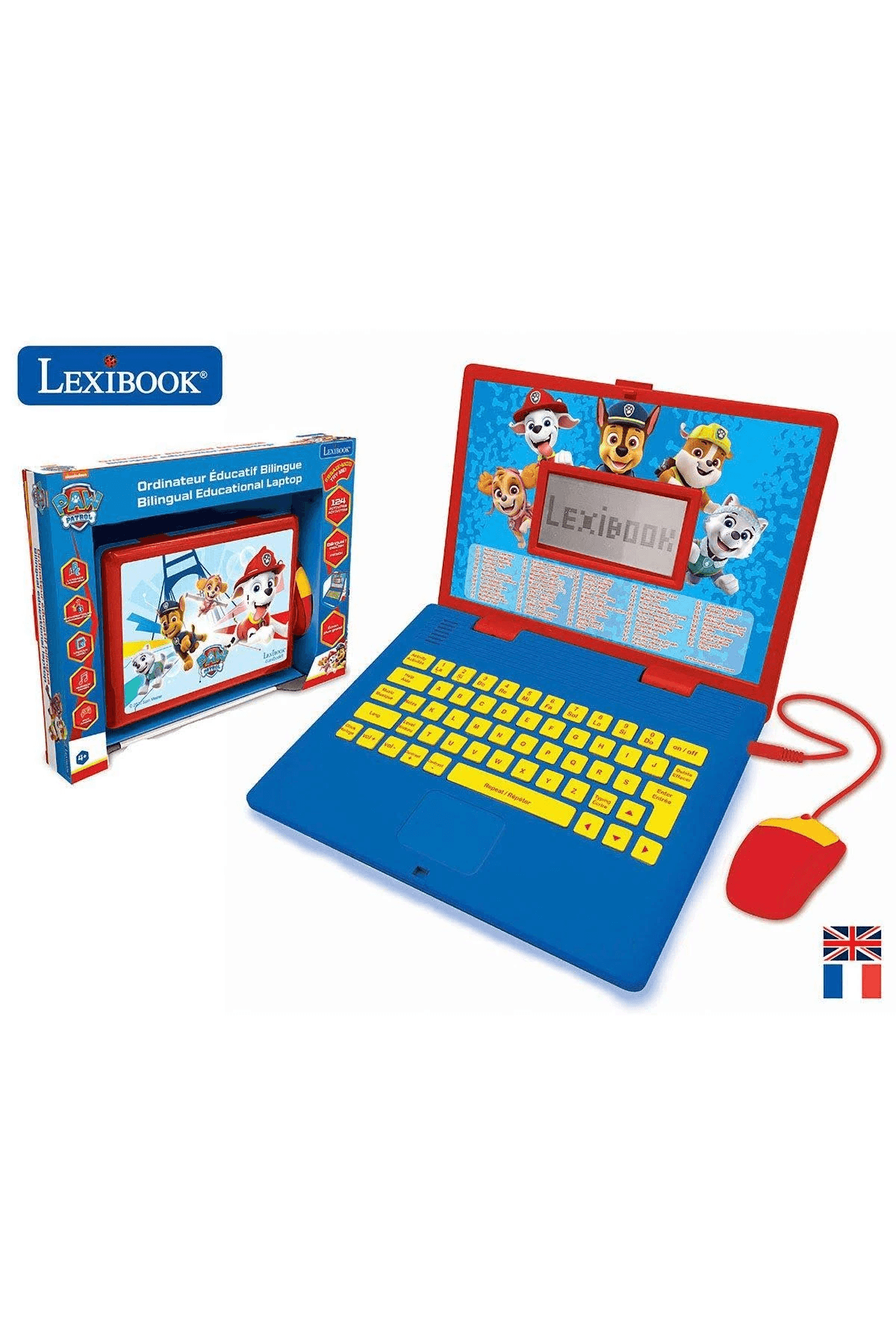 Portátil educativo infantil de Paw Patrol en azul y rojo con ratón y caja.