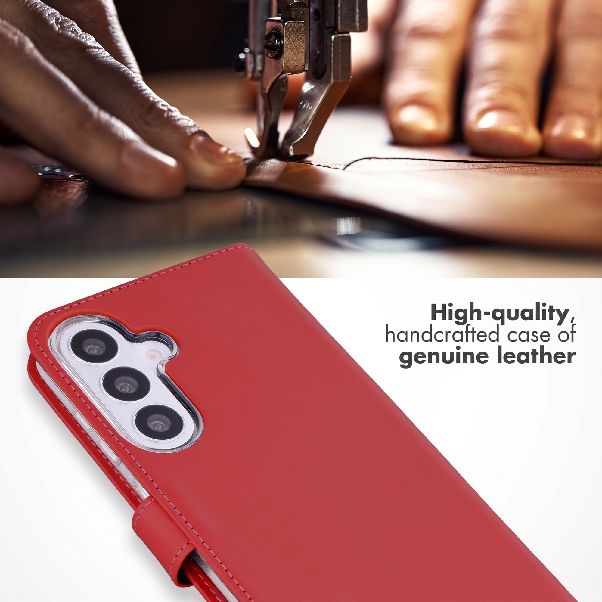 Close-up van een rood leren telefoonhoesje en handen die leer naaien.