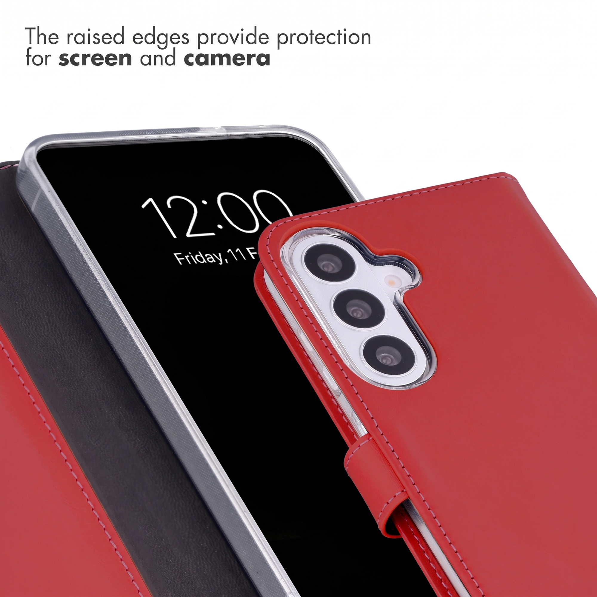 Een rode lederen flipcase voor een smartphone toont de camera-uitsparing.
