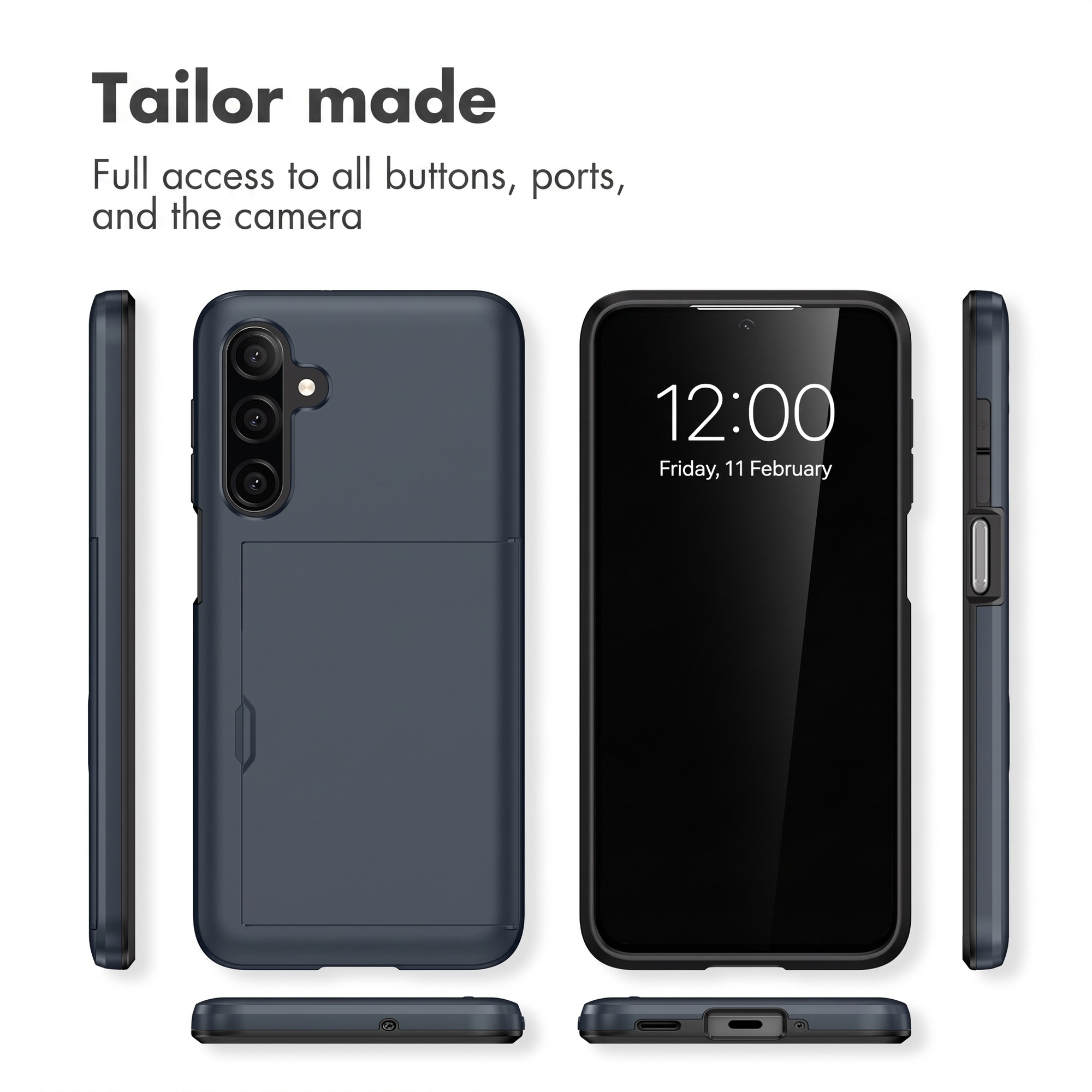 Différentes vues d'une coque de smartphone bleu foncé avec fente pour carte, montrant l'avant et l'arrière.