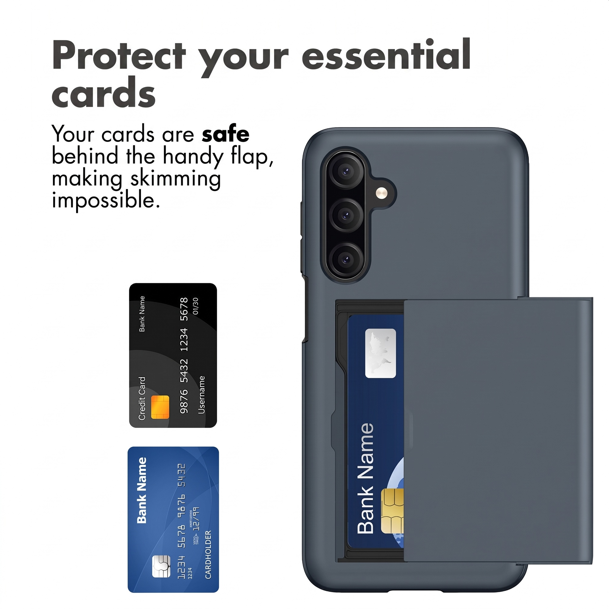 Coque de téléphone bleu foncé avec porte-cartes intégré à l'arrière et texte.