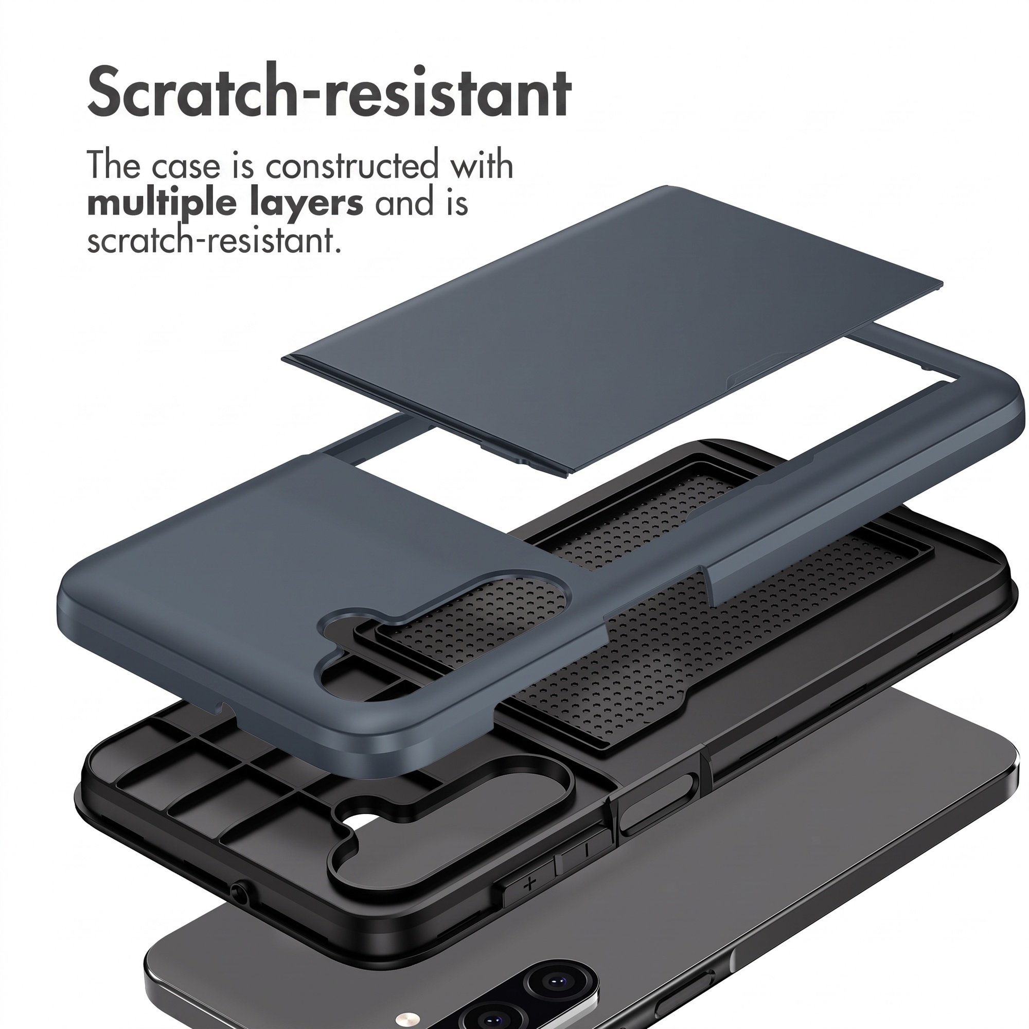 Vue éclatée d'une coque de smartphone multicouche et résistante aux rayures.