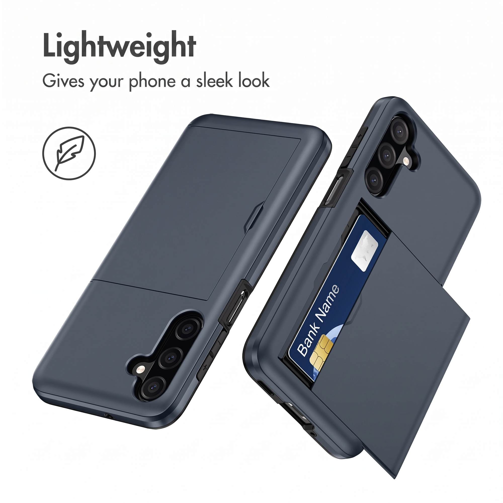 Coque de téléphone bleu foncé avec fente pour carte et compartiment coulissant.
