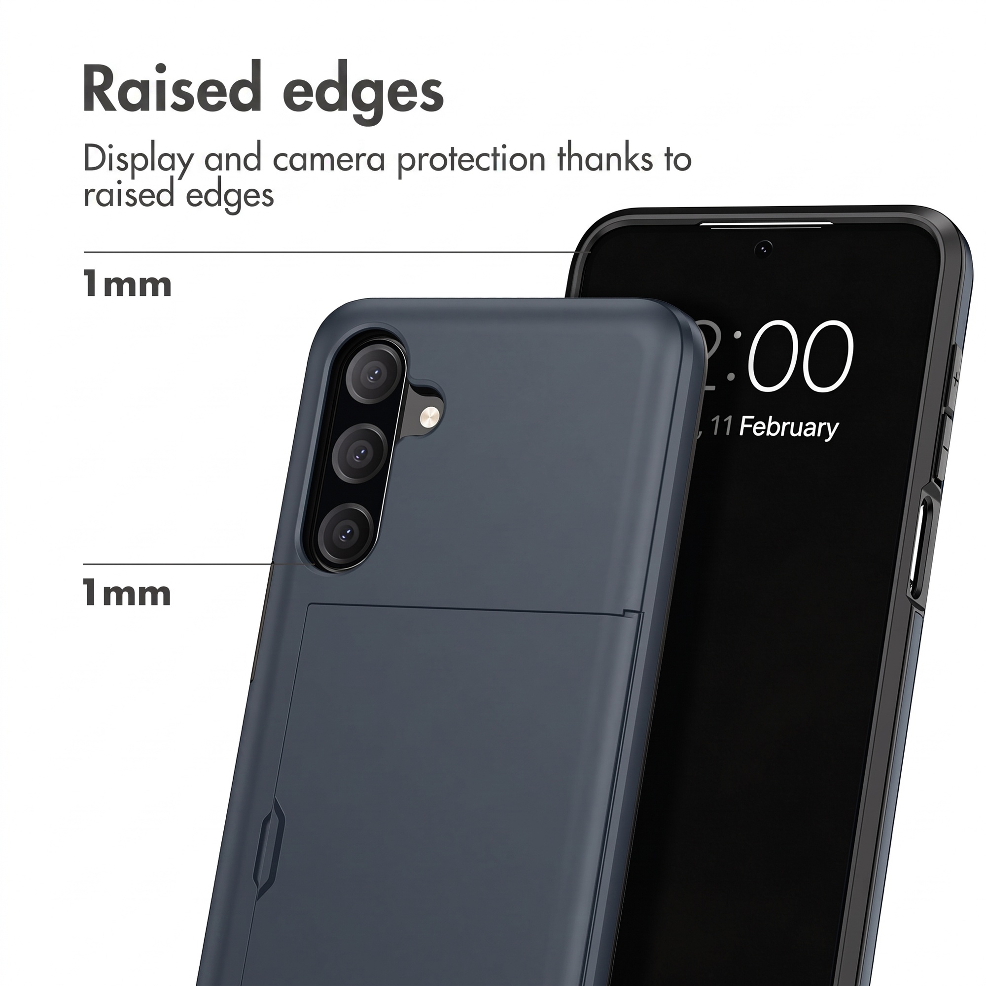Smartphone dans une coque sombre avec porte-cartes et bords surélevés de 1 mm pour l'écran et l'appareil photo.