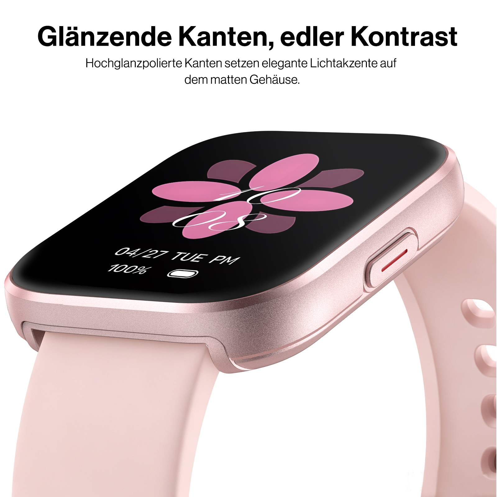 Rosa Smartwatch mit glänzenden Kanten, mattem Gehäuse und digitaler Anzeige mit Blumenmotiv.