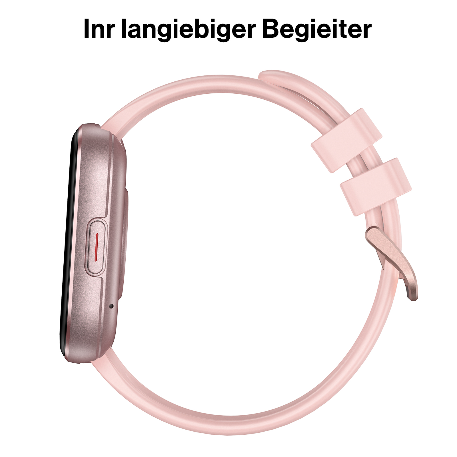 Seitenansicht einer rosafarbenen Smartwatch mit Silikonarmband vor weißem Hintergrund.