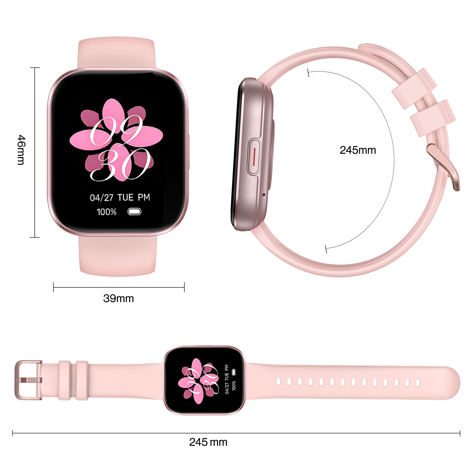 Rosa Smartwatch mit Abmessungen, verschiedenen Ansichten und Blumen-Zifferblatt.