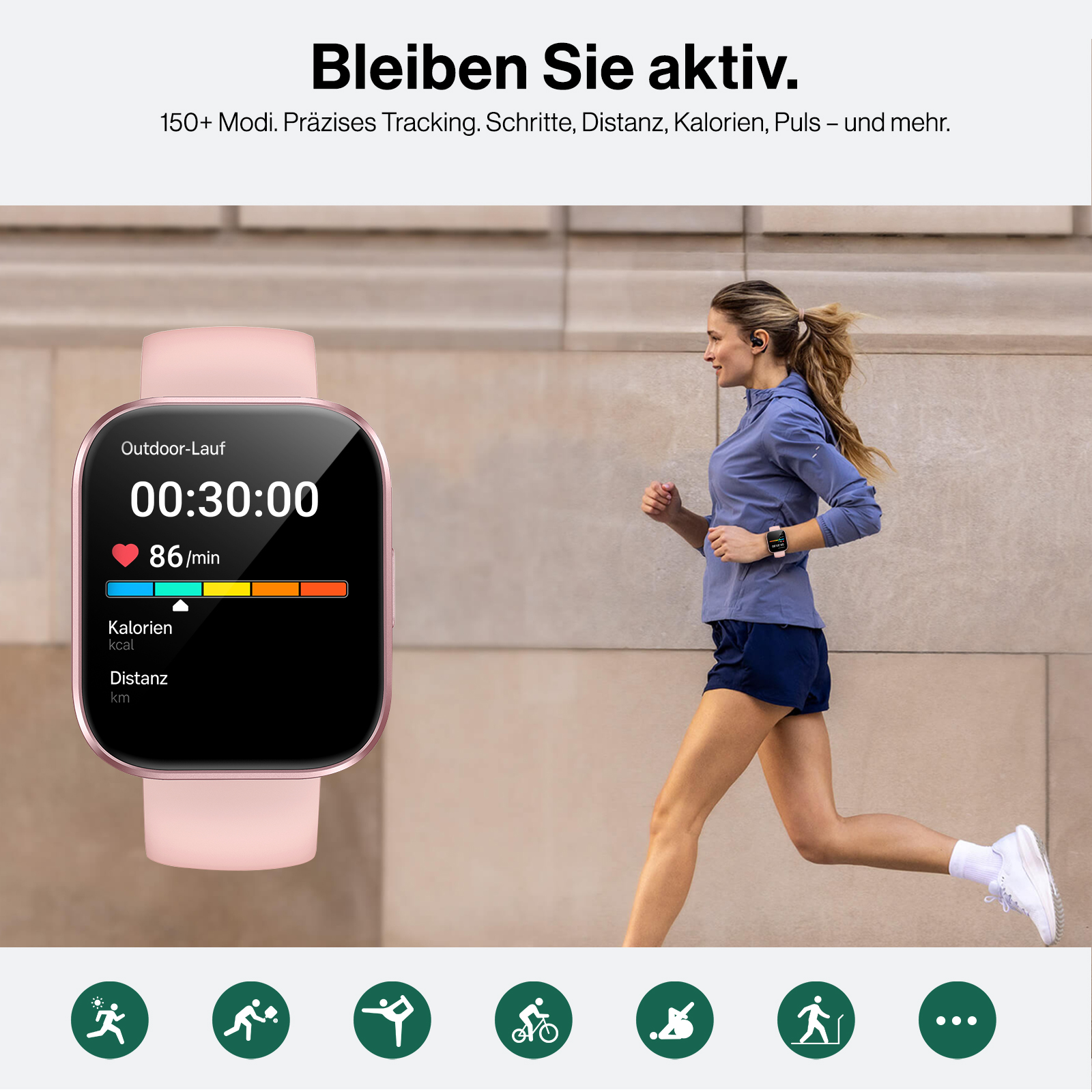 Eine Frau joggt vor einer Wand, daneben ist eine rosafarbene Fitnessuhr abgebildet.