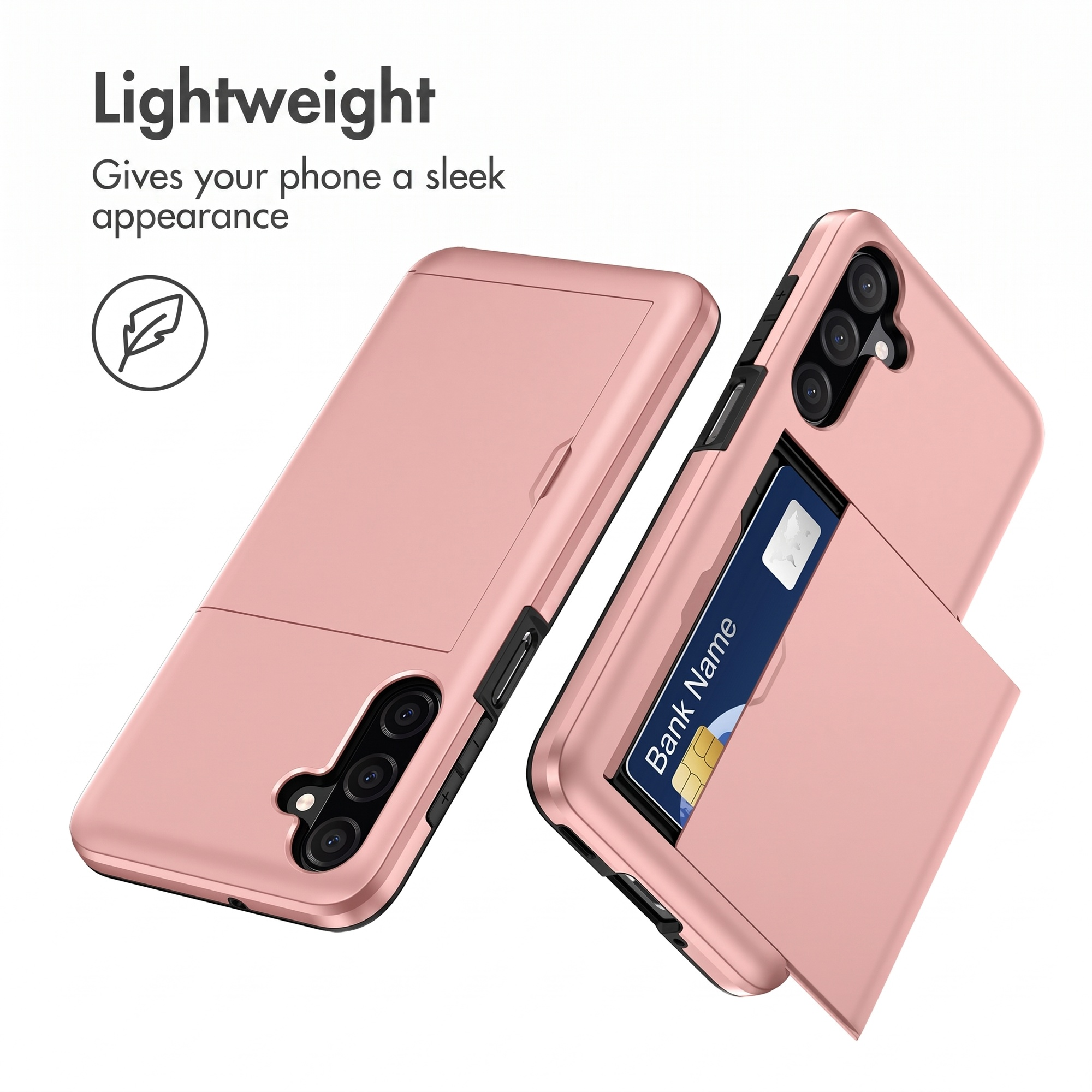 Deux coques de smartphone roses, l'une avec un porte-cartes intégré et une carte bancaire, sur fond blanc.