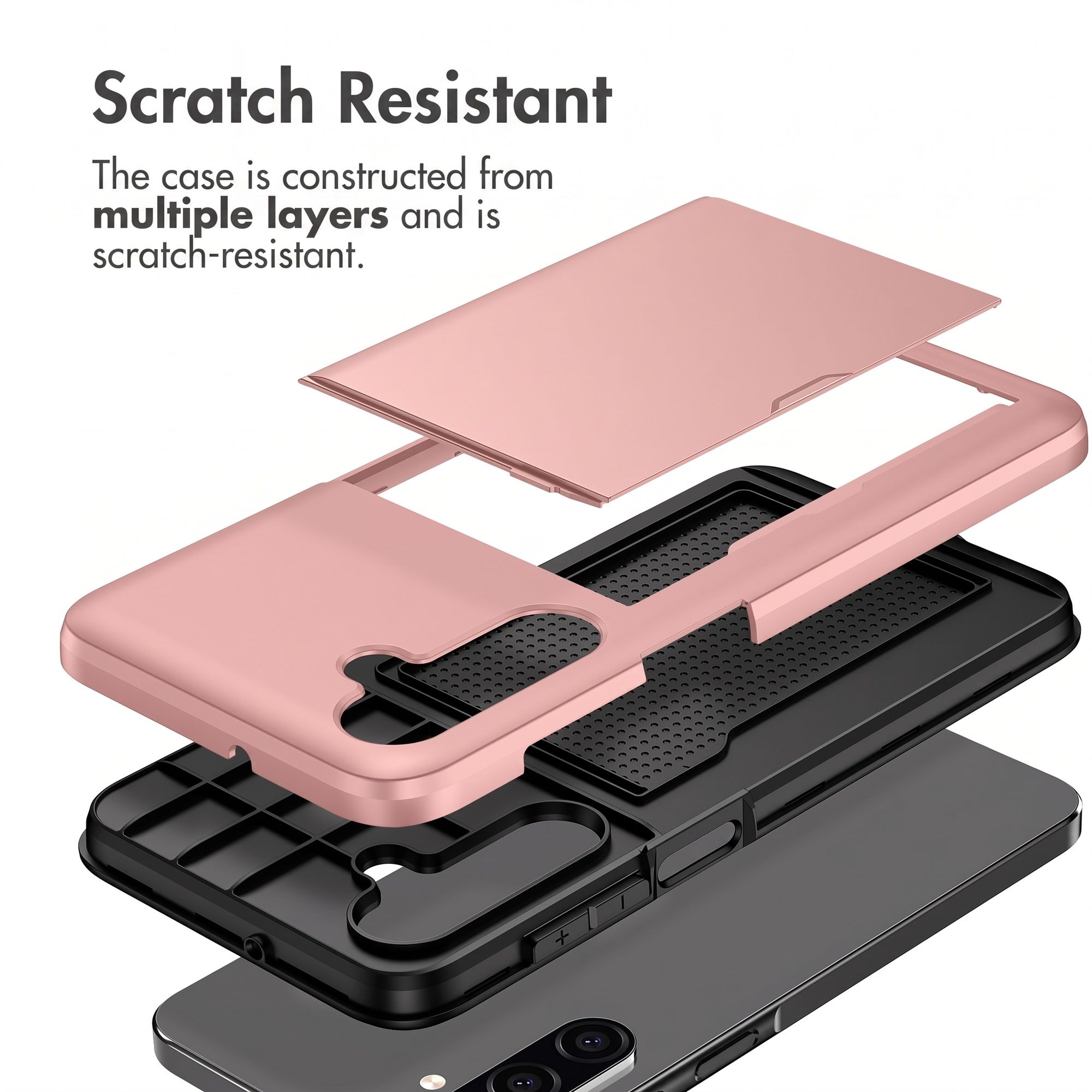 Vue éclatée d'une coque de téléphone rose et noire résistante aux rayures au-dessus d'un smartphone.