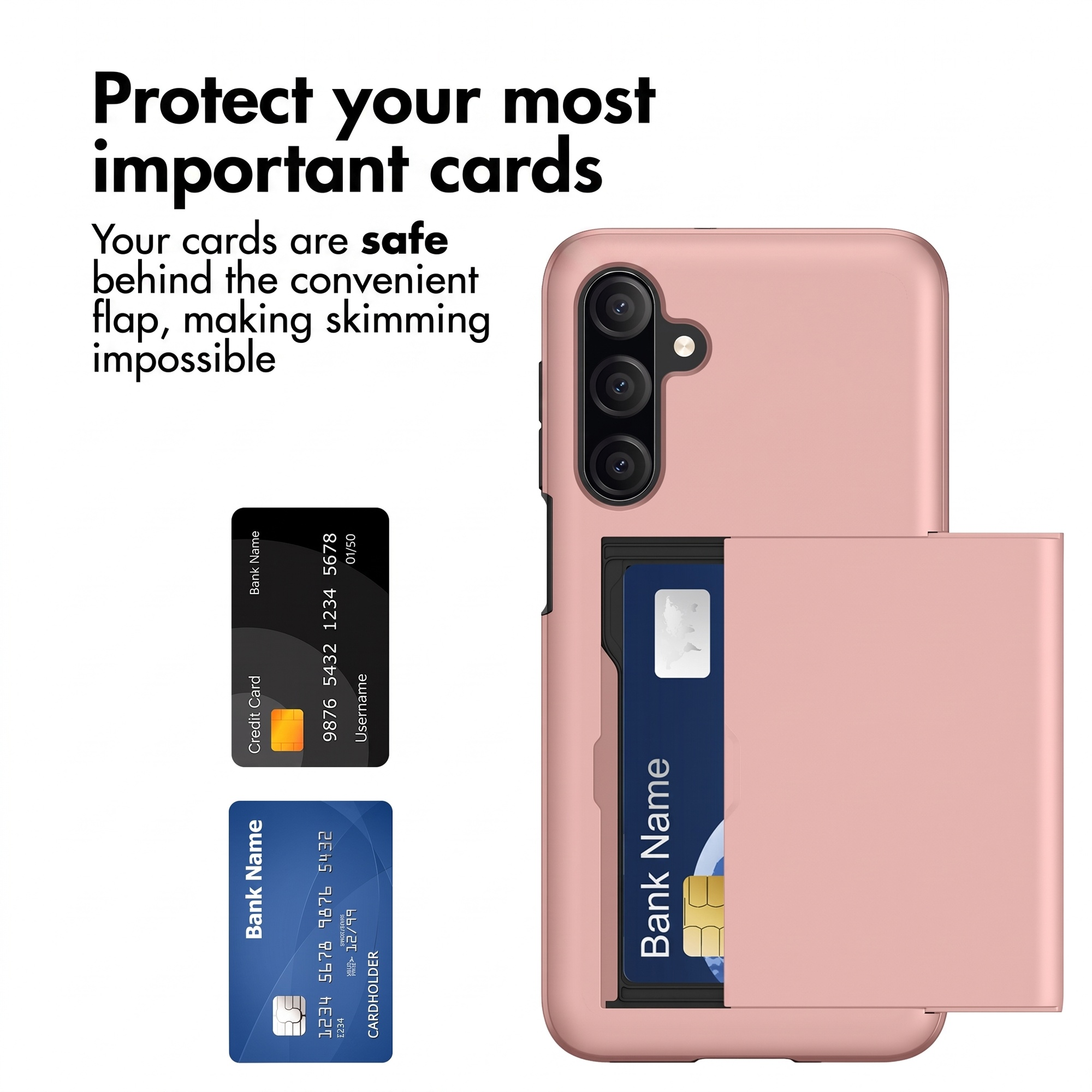 Coque de téléphone rose avec fente pour carte et rabat de protection, à côté de deux cartes de crédit.