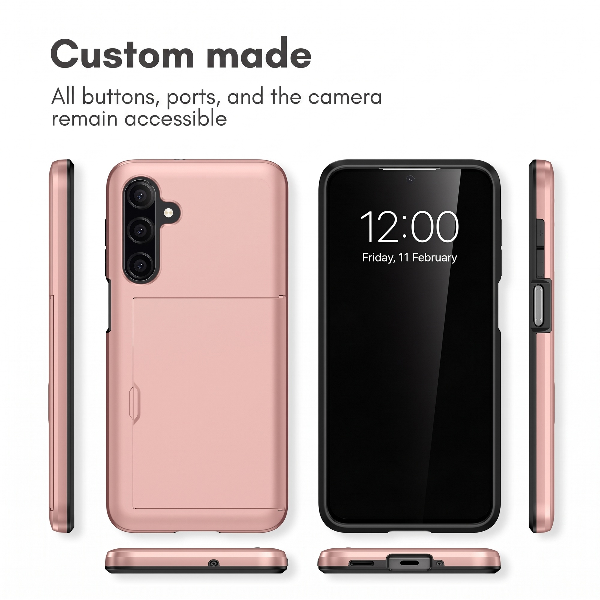 Coque de téléphone or rose avec porte-carte, présentée sous plusieurs angles.