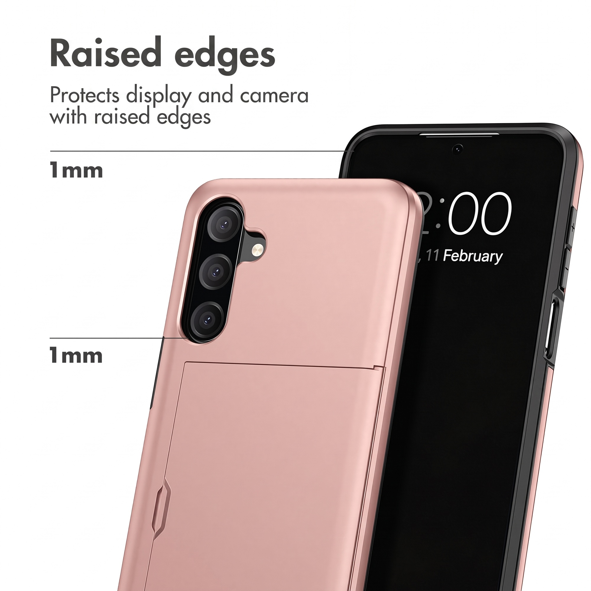 Un smartphone dans un étui or rose avec bords surélevés et fente pour carte, vu de dos et de face.