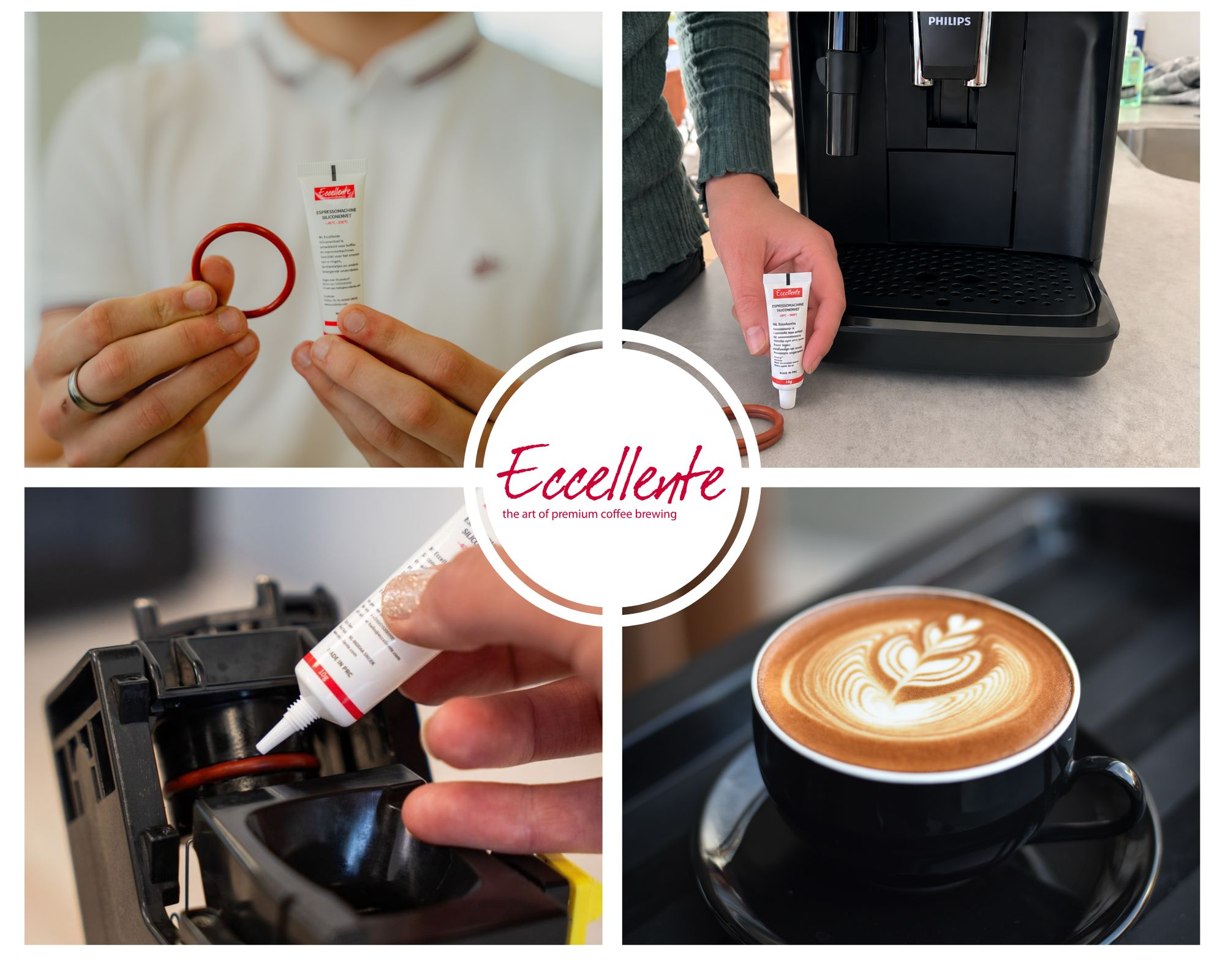 Four-panel image showing the application of silicone grease on a red rubber ring for a coffee machine.