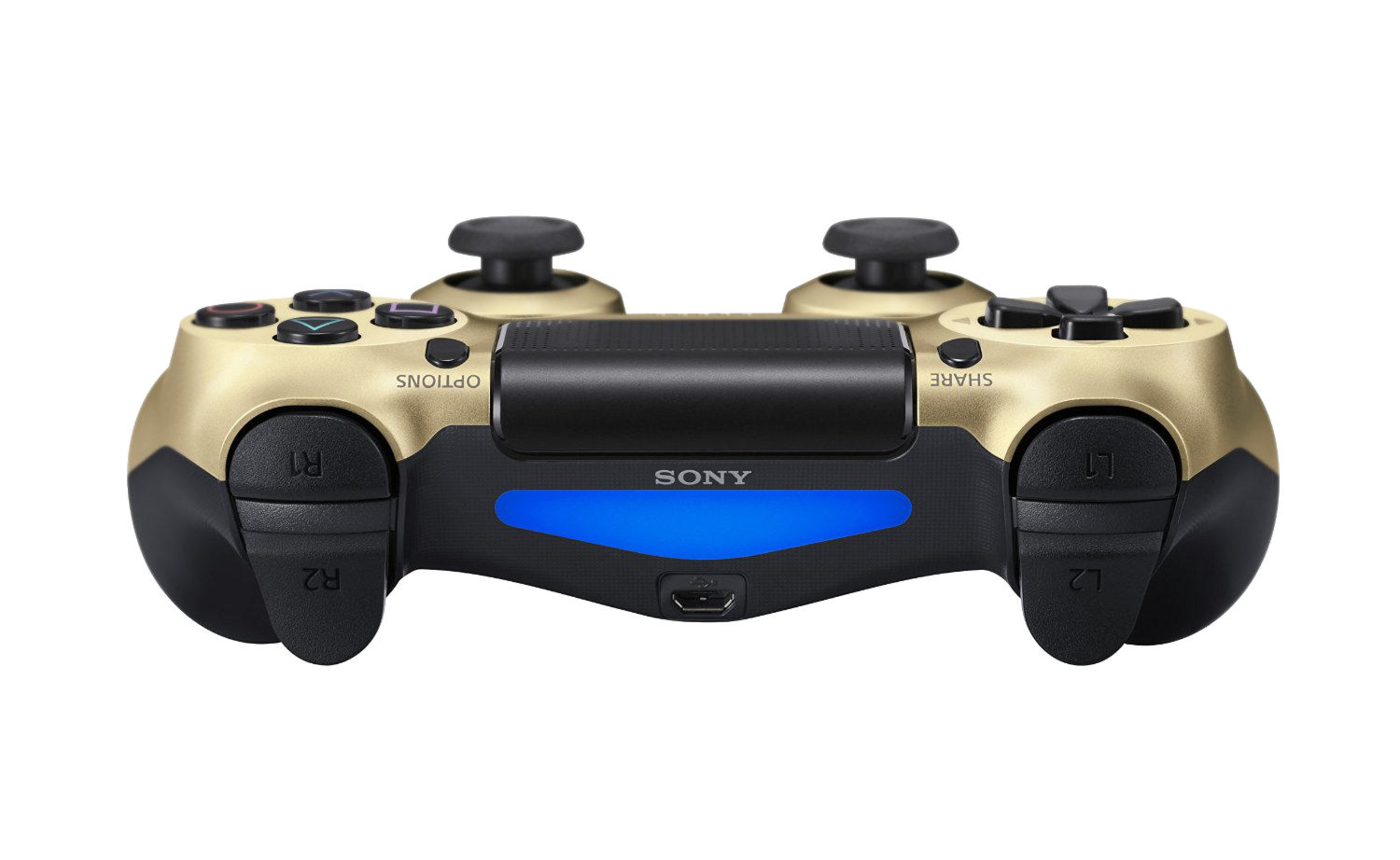 Vista superior de un mando de Sony PlayStation 4 dorado y negro sobre fondo blanco.