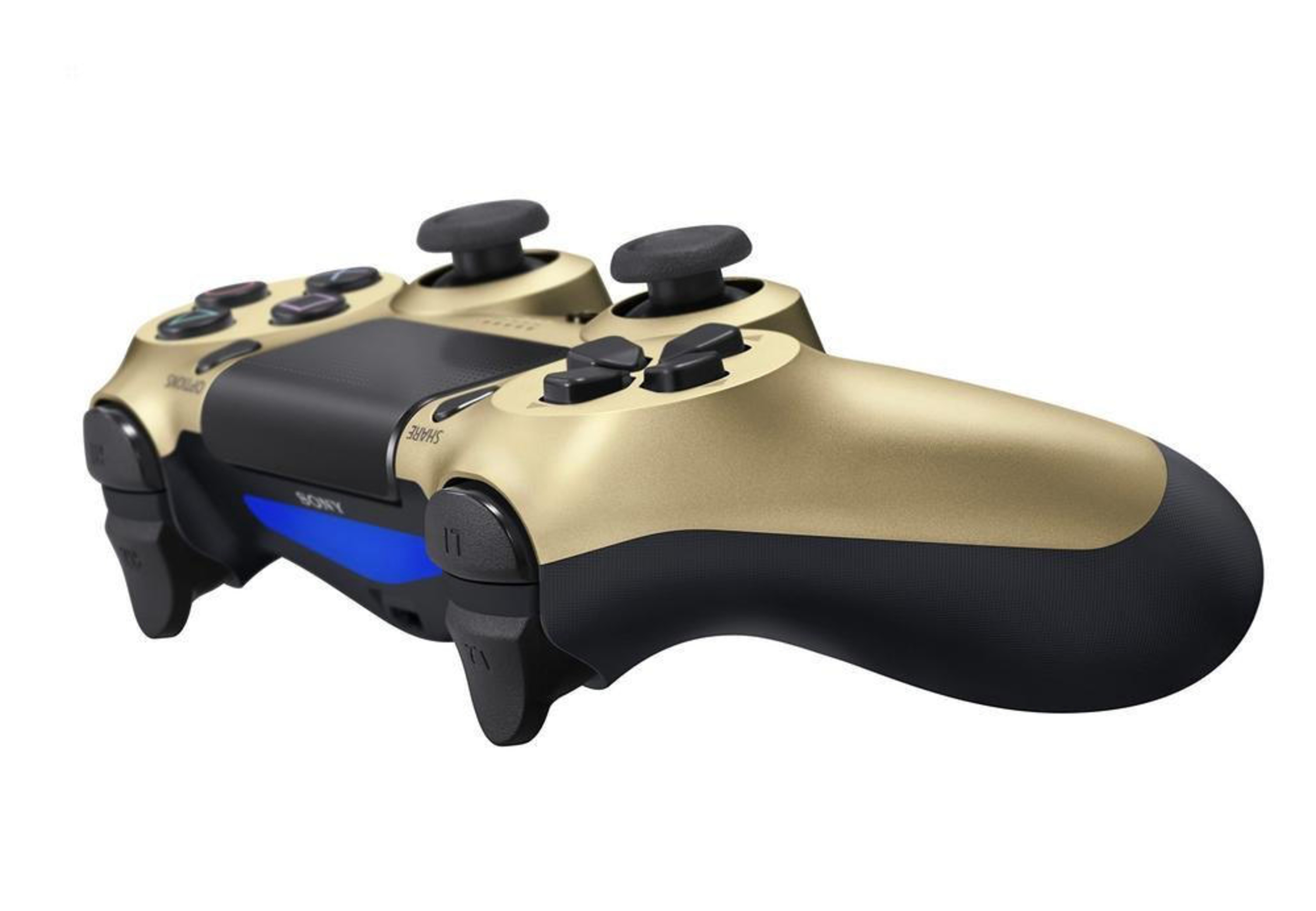 Mando de PlayStation 4 dorado y negro sobre fondo blanco.