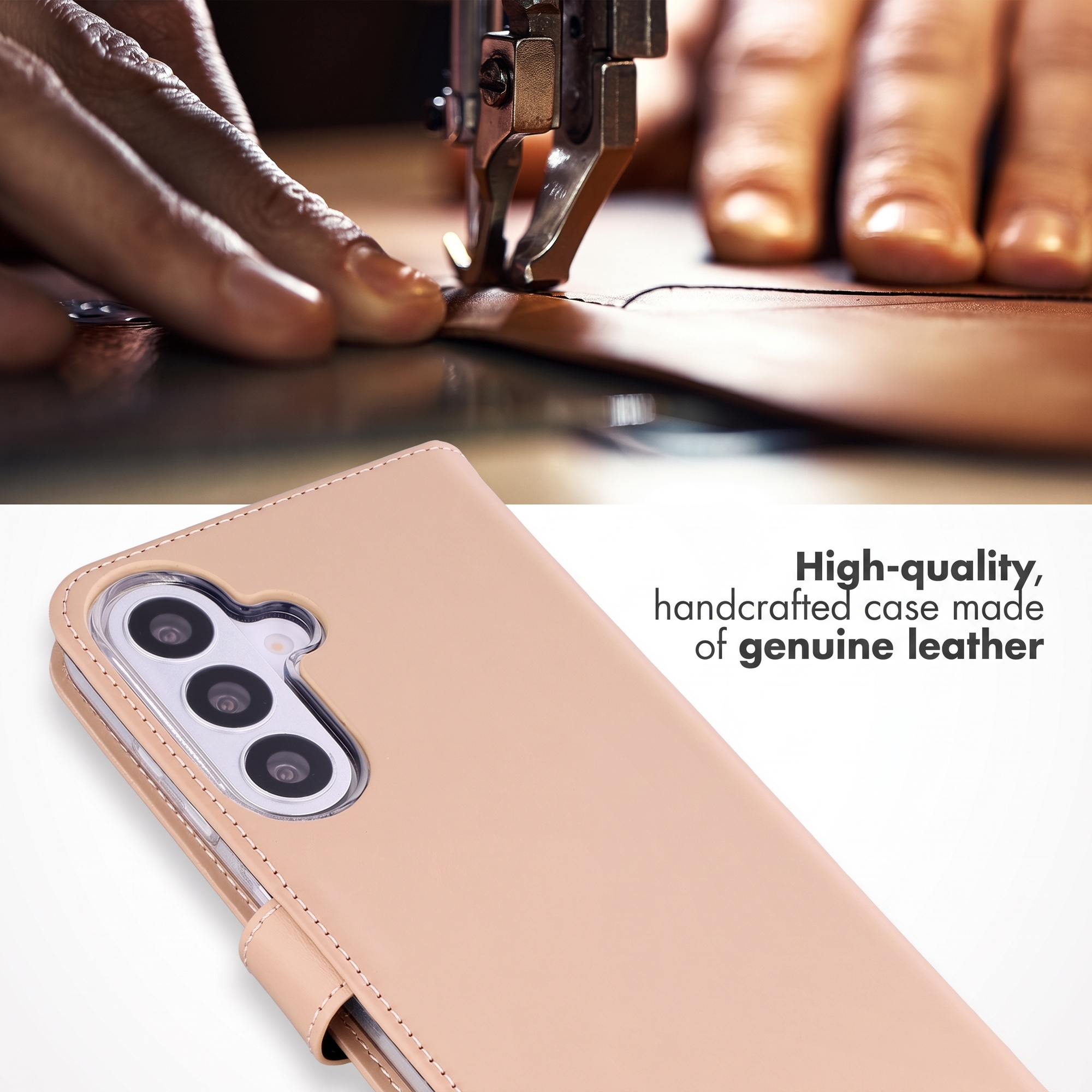 Handgemaakt lederen telefoonhoesje wordt genaaid.