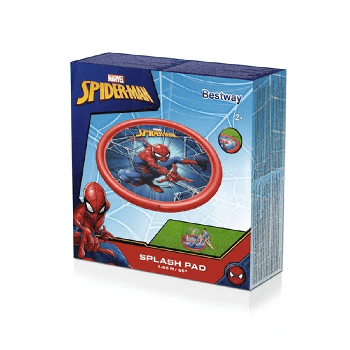 Caja de chapoteo Bestway Spider-Man con diseño azul y rojo y gráficos de telaraña.