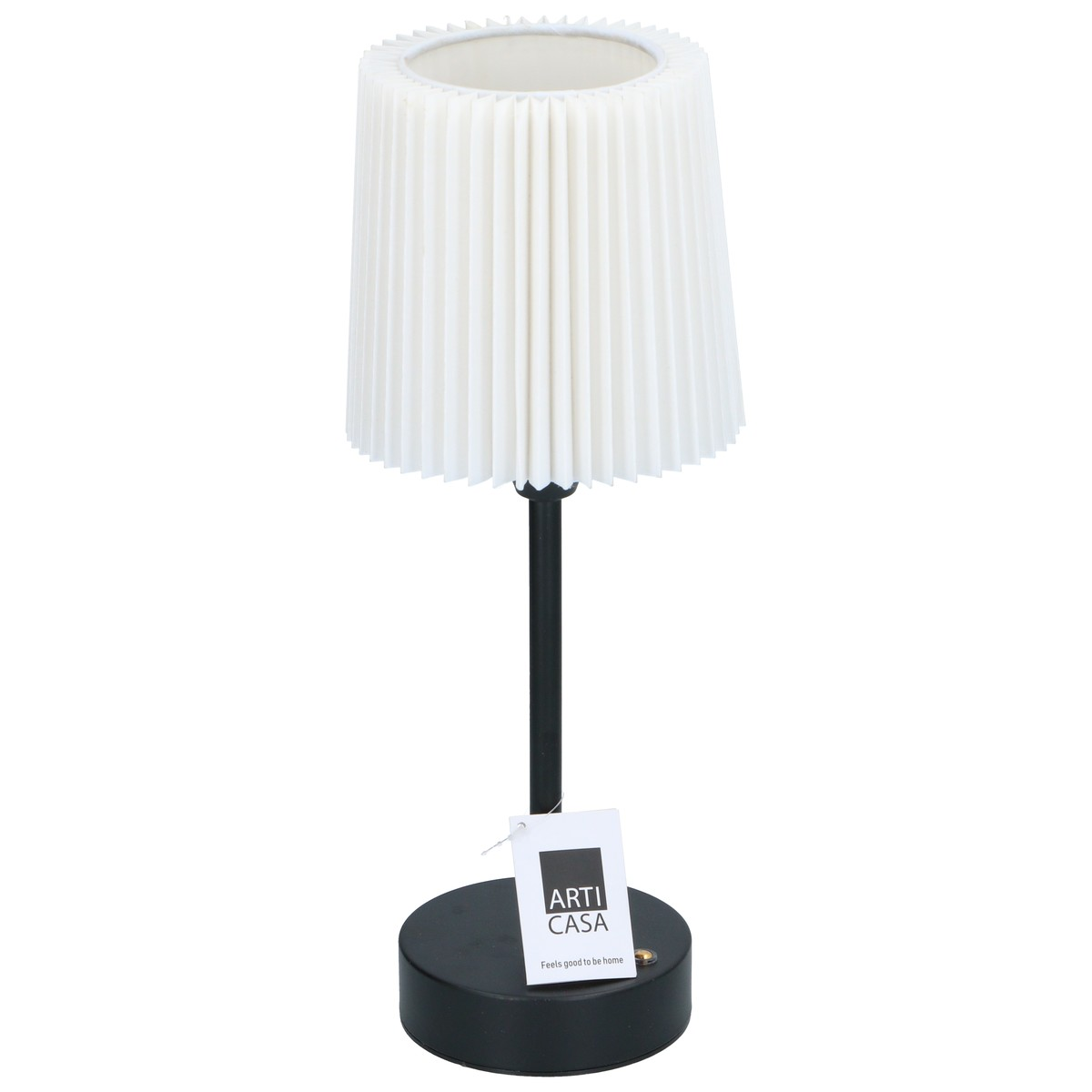 Eine schwarze Tischlampe mit einem runden Fuß, einem dünnen Stab und einem plissierten, weißen Schirm und Preisschild.