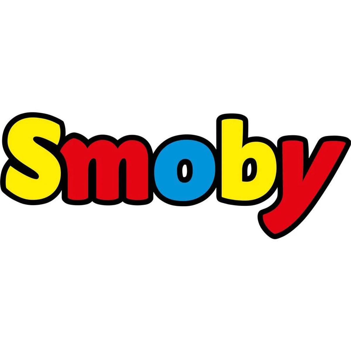 El colorido logotipo de Smoby con borde negro presenta letras amarillas, rojas y azules.