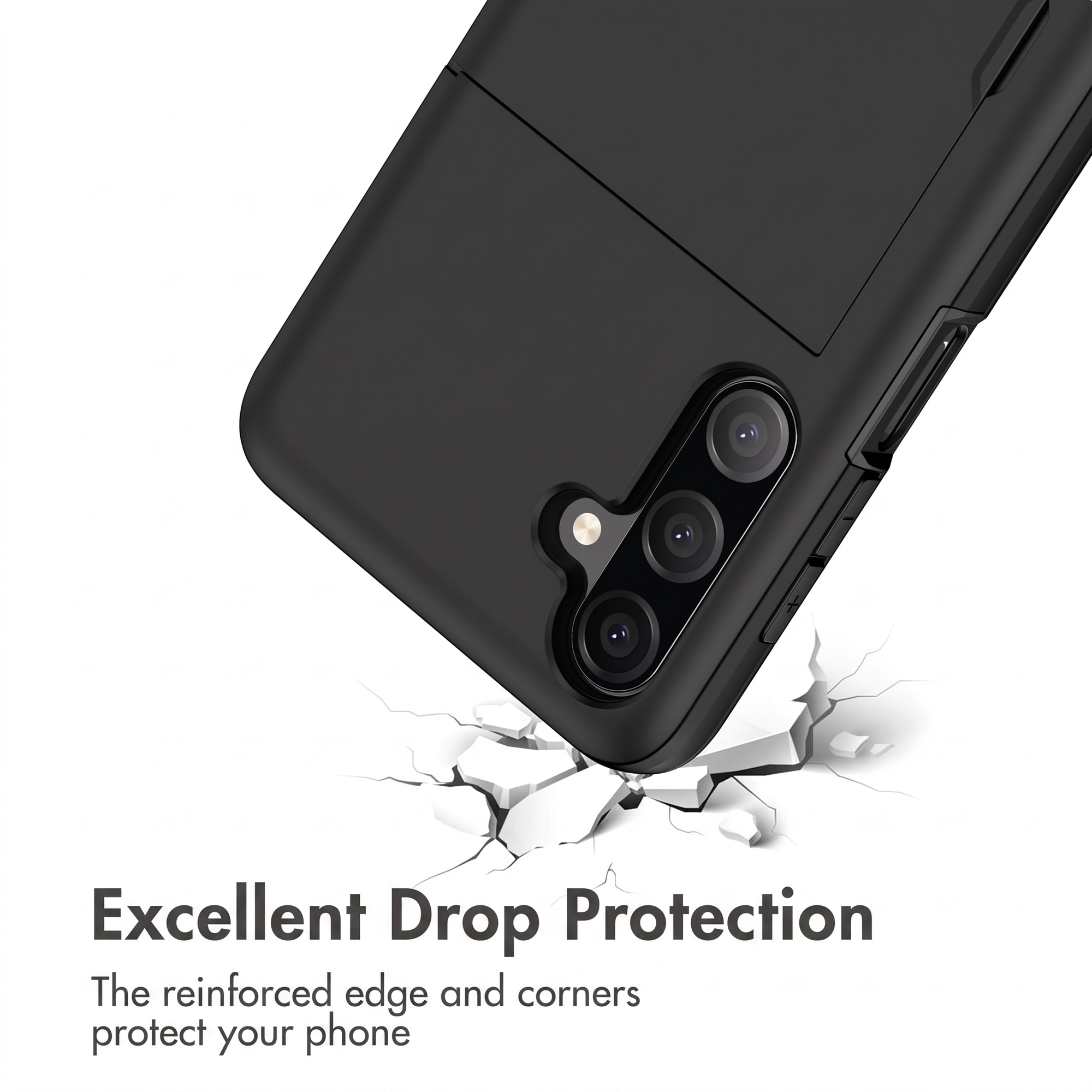 Une coque de smartphone noire protège un téléphone impactant une surface fissurée.