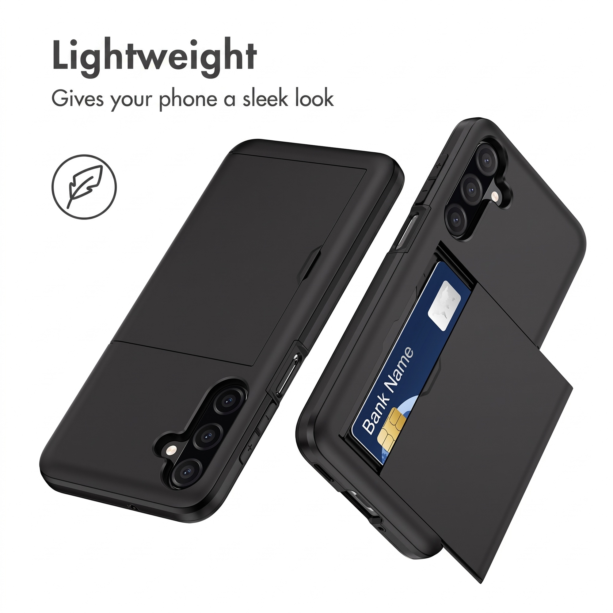 Deux coques noires avec fentes pour cartes, une montrant une carte, et le texte Léger.