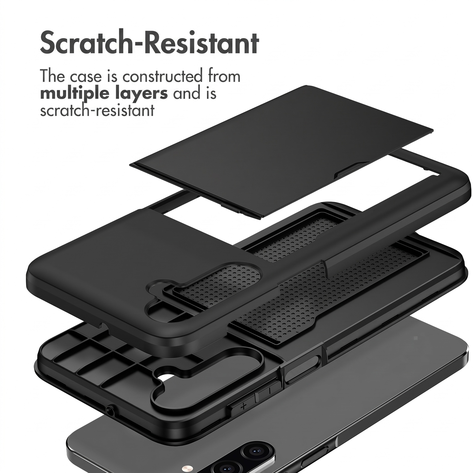 Vue éclatée d'une coque de protection noire multicouche résistante aux rayures pour smartphone.