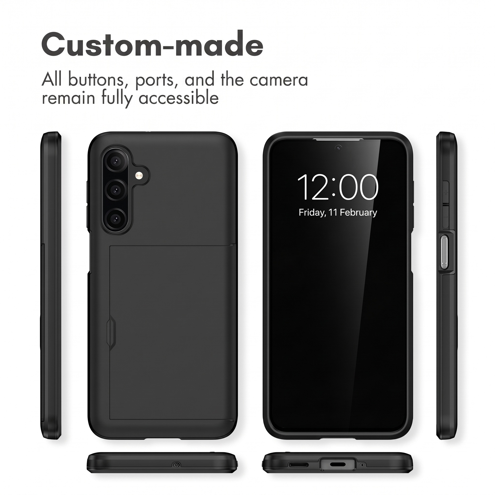 Coque de téléphone noire avec porte-cartes vue sous tous les angles.