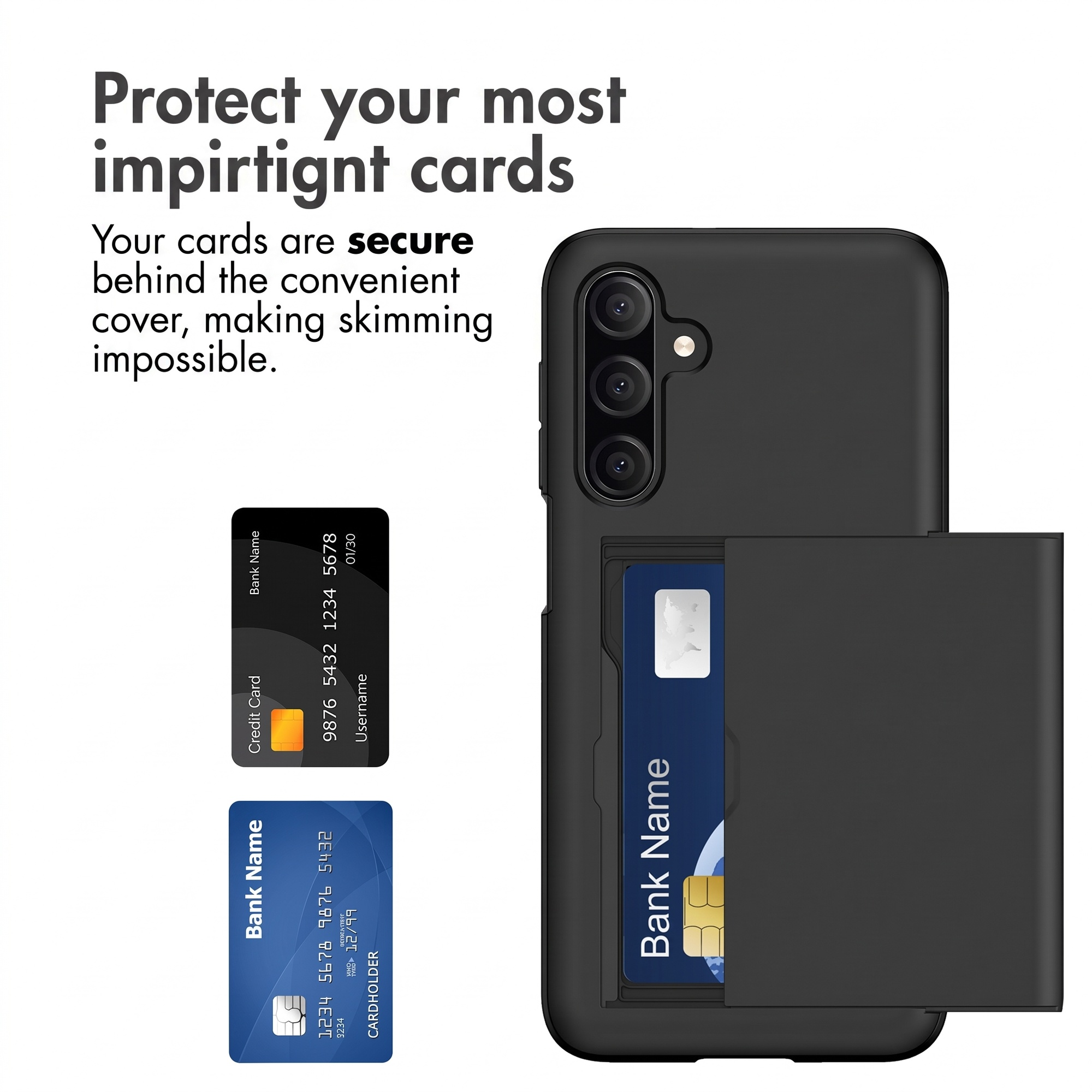 Un étui de téléphone noir avec porte-cartes intégré, du texte et deux cartes de crédit à gauche.