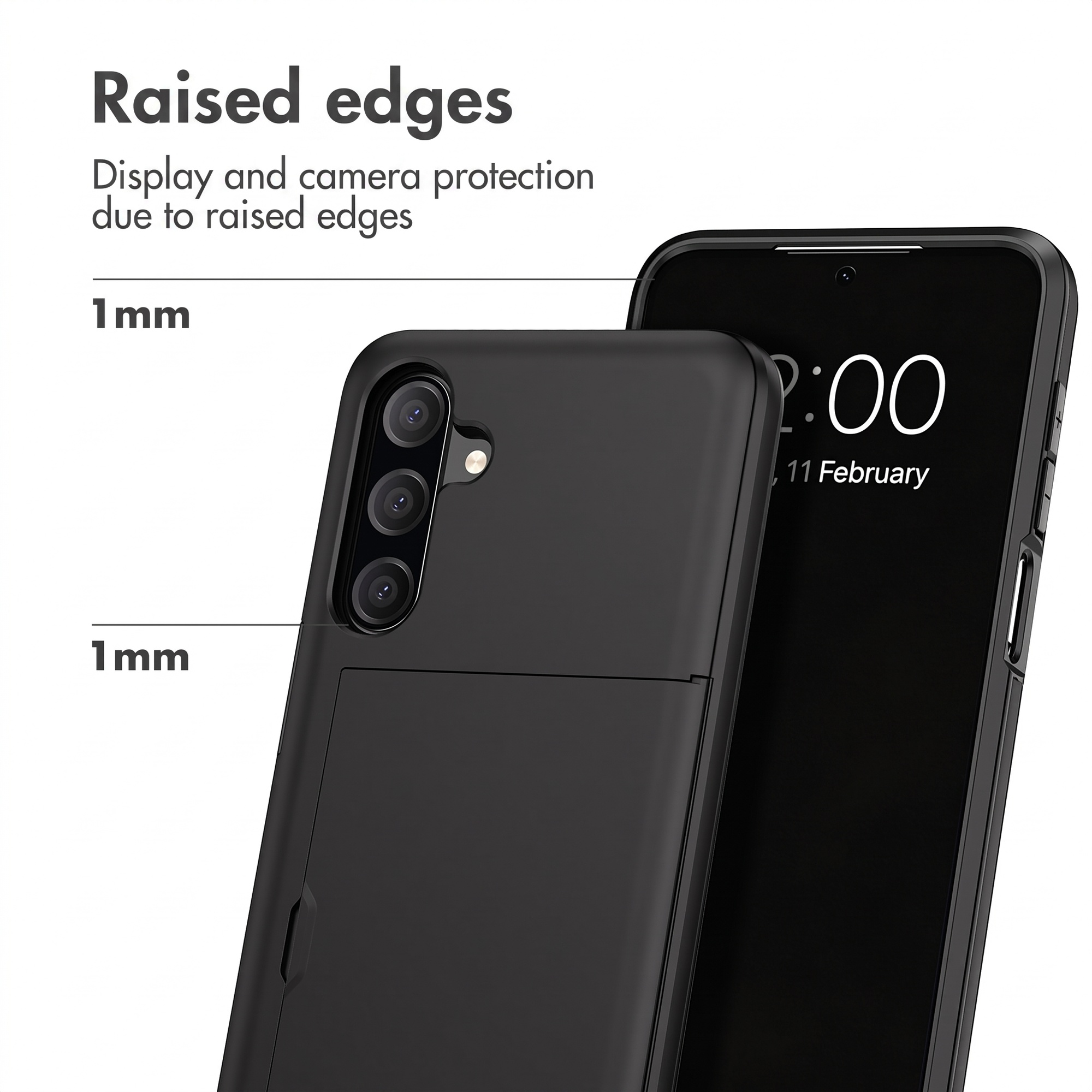Coque de téléphone noire avec porte-cartes intégré et bords surélevés de 1 mm.