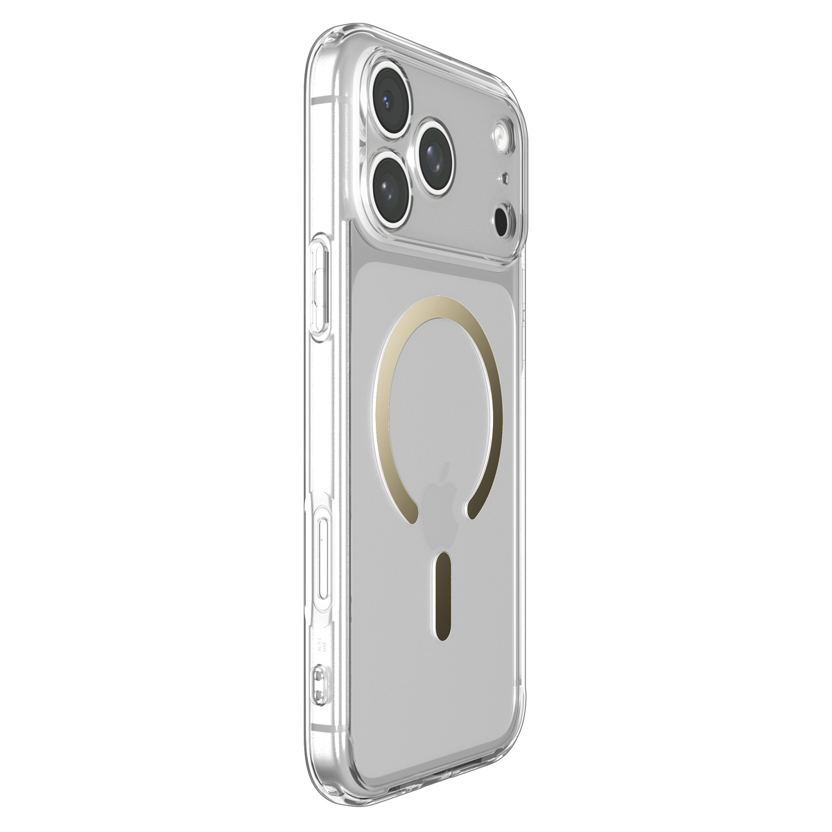 Transparent phone case with a golden MagSafe ring on the back.