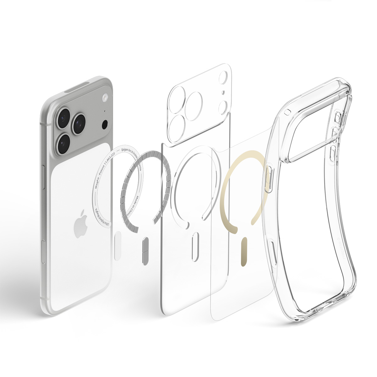 Exploded view of a smartphone with a transparent MagSafe protective case and integrated magnetic rings.
