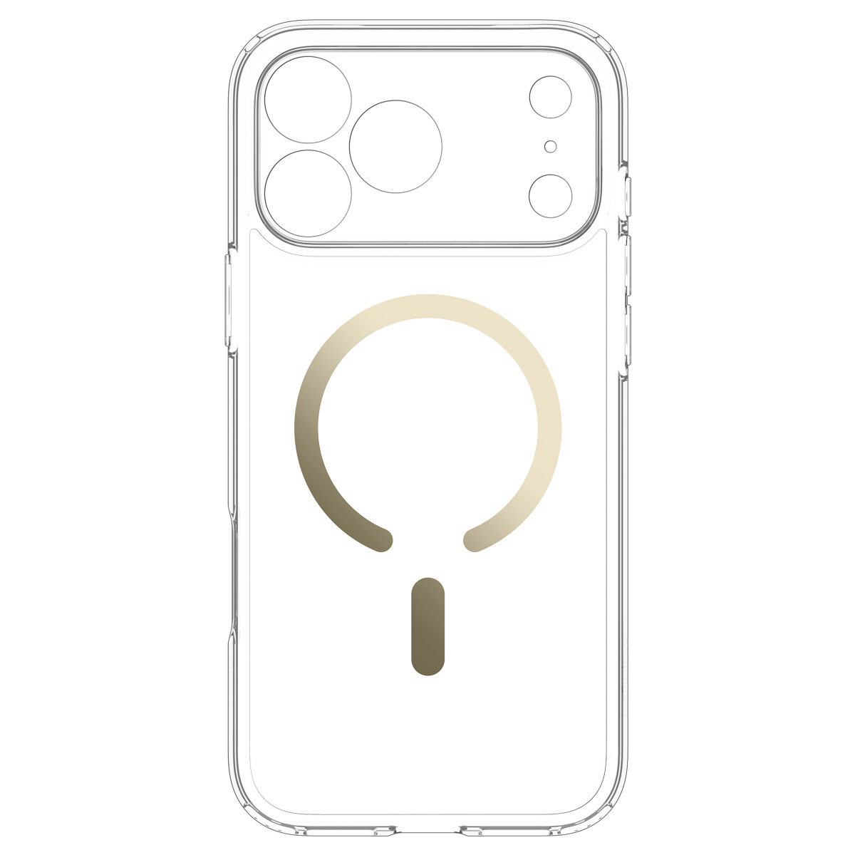 Transparent phone case with a gold MagSafe ring and camera cutout on a white background.