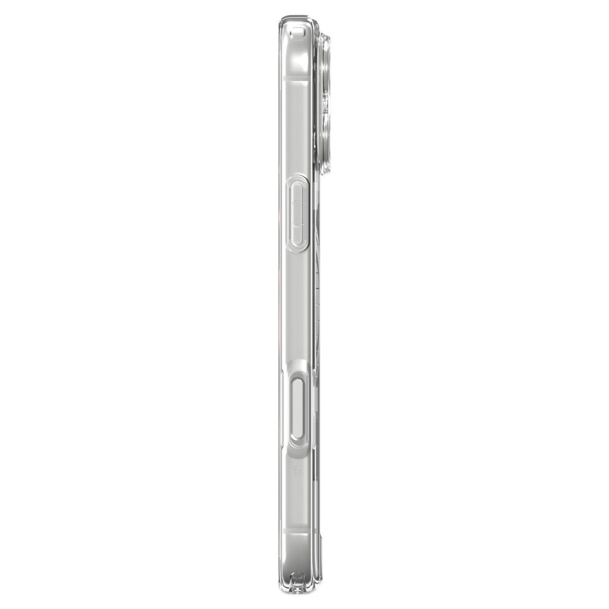 A clear, transparent smartphone case viewed from the side, showing side buttons and camera bump against a white background.