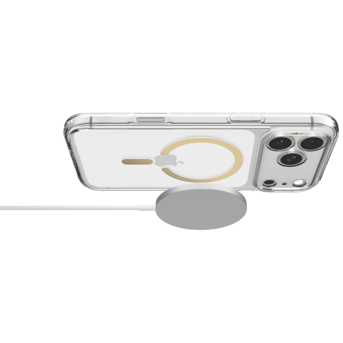 A smartphone in a clear case charging wirelessly on a round magnetic charger against a white background.