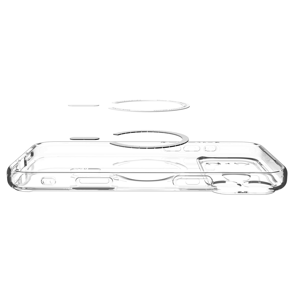 A transparent phone case with an integrated magnetic ring and components floating above it.