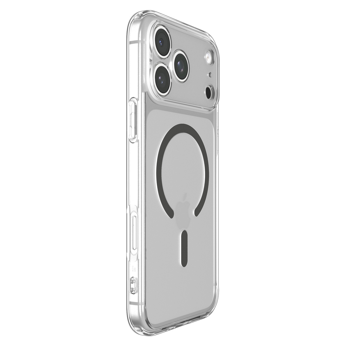 Transparent smartphone protective case with an integrated round MagSafe magnetic ring on the back.