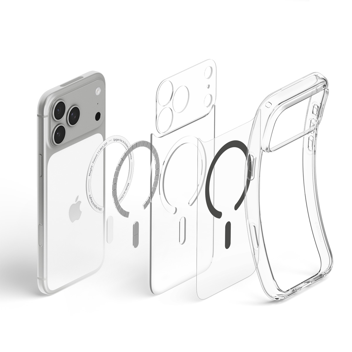 Exploded view of an iPhone with a transparent MagSafe protective case, magnetic ring, and protective layers.