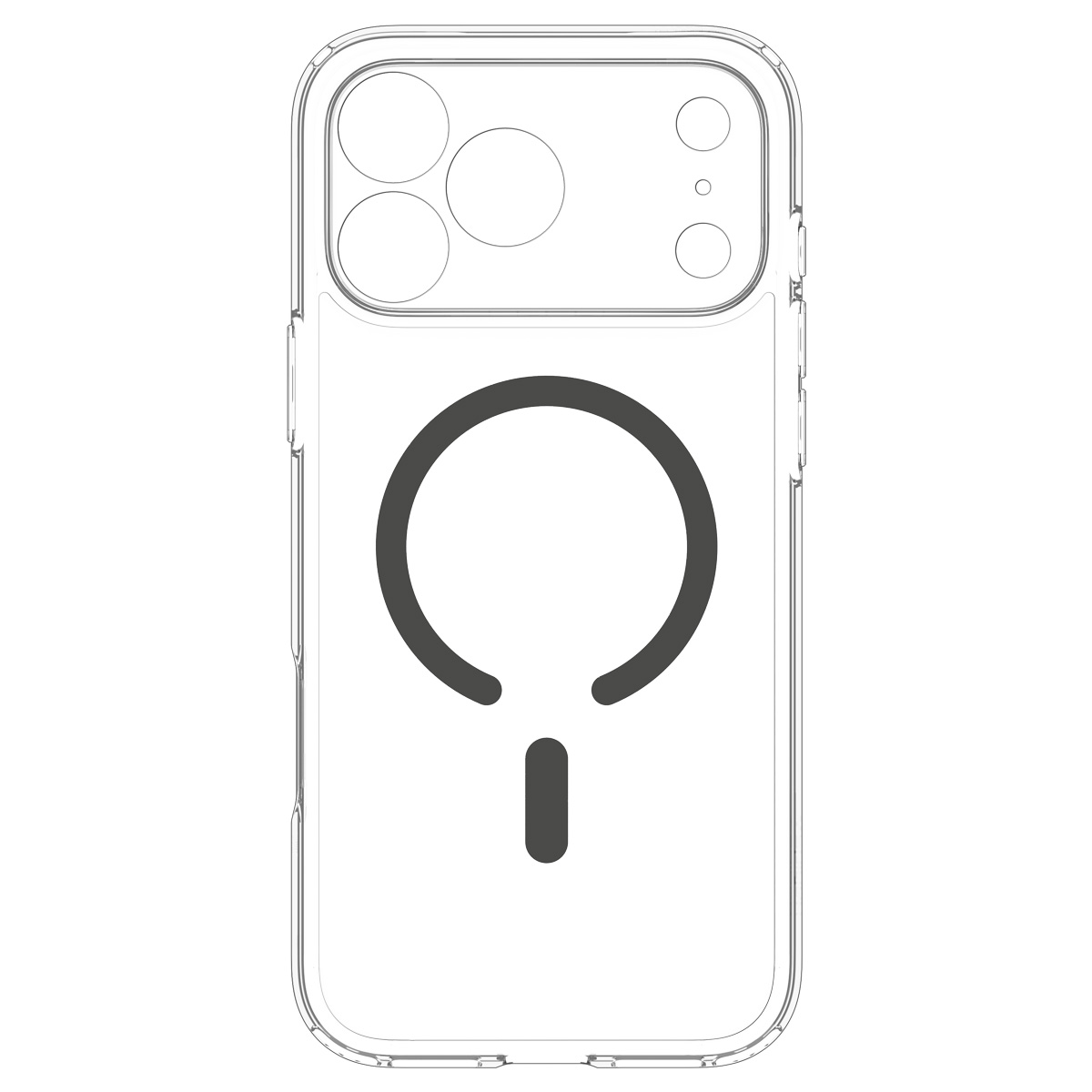 Outline of a transparent phone case with a MagSafe charging ring on the back.