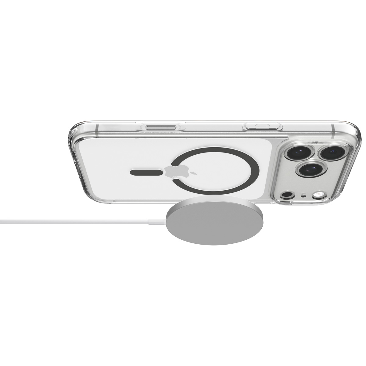 A smartphone in a clear case hovers above a round, silver MagSafe charger with a white cable.