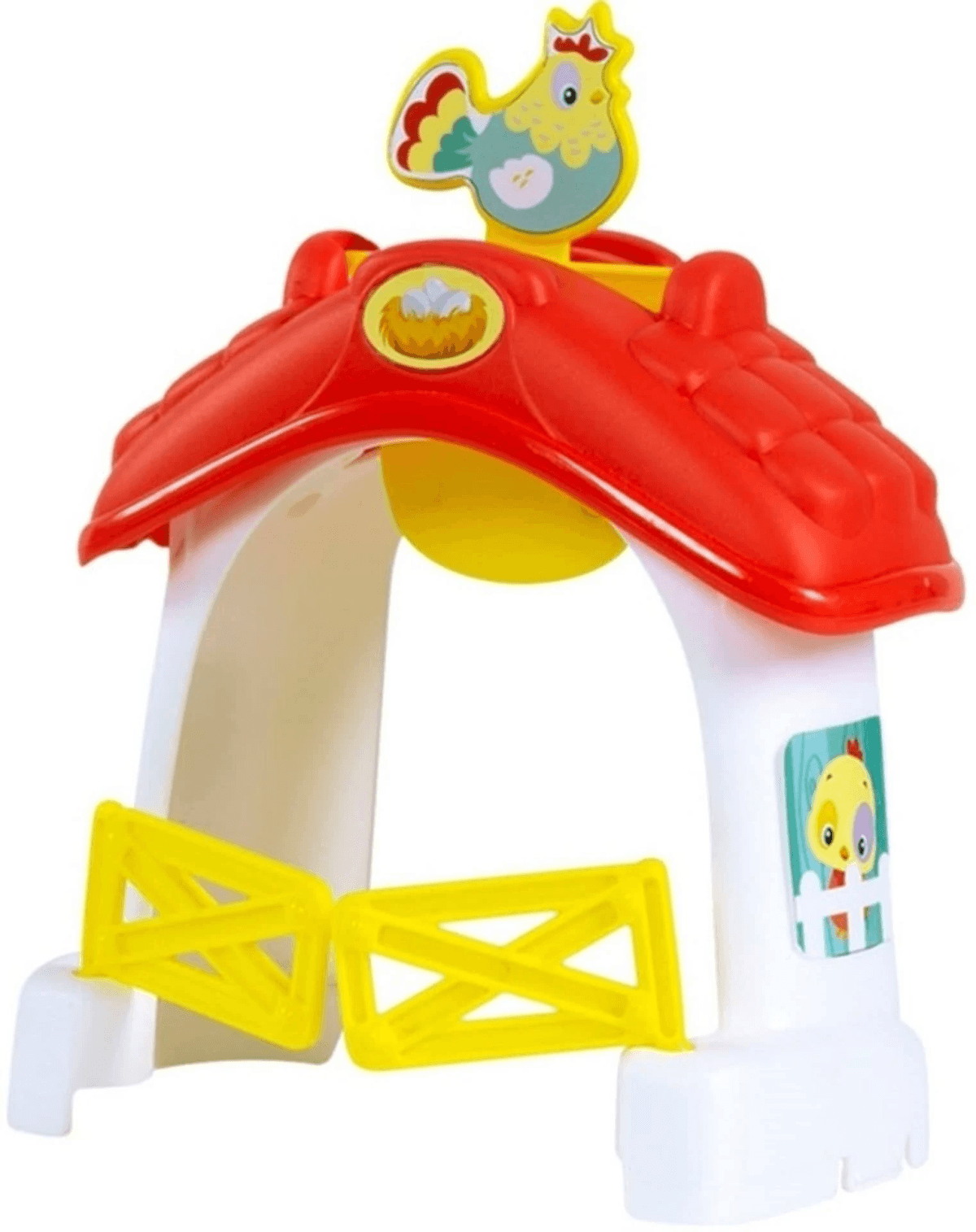 Colorido juguete infantil con forma de granja con techo rojo y puertas amarillas.