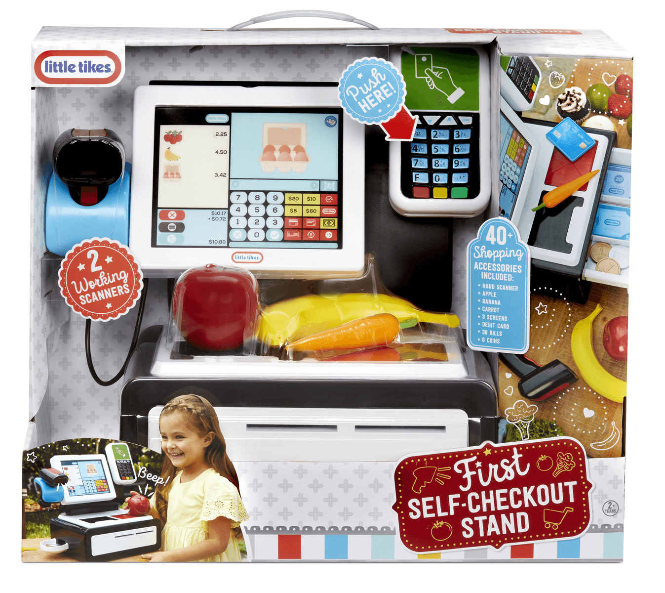 Set de juguete Little Tikes First Self-Checkout Stand con pantalla y accesorios en un empaque colorido.