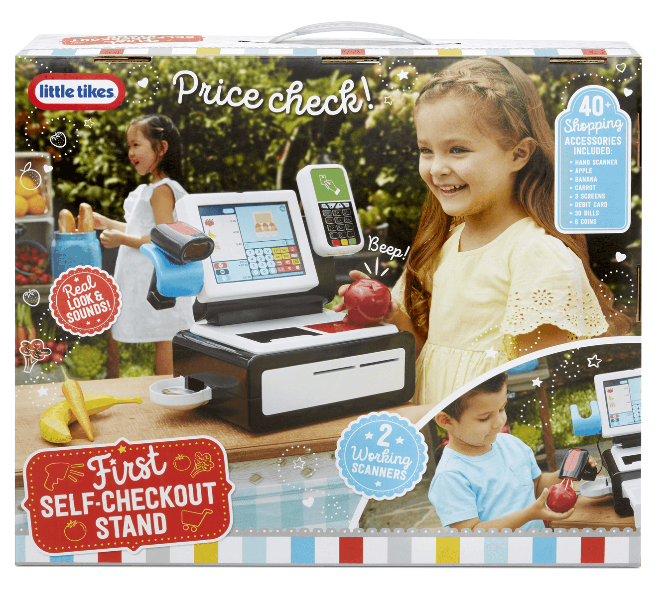 Embalaje de la caja registradora de juguete Little Tikes First Self-Checkout Stand con niños.